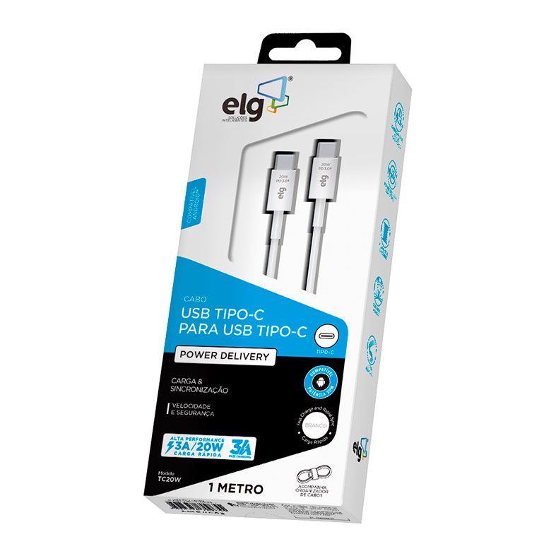 Cabo USB Tipo-C Para USB Tipo-C ELG, 1m, Branco, TC20W