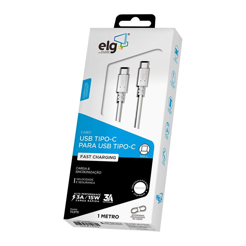 Cabo USB Tipo C Para USB Tipo-C ELG, 1m, Branco, TC2TC