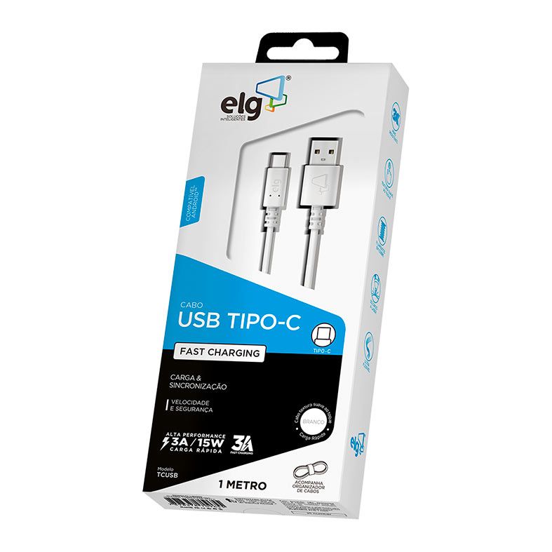 Cabo USB Tipo-C ELG Fast Charging, 1m, Branco, TCUSB