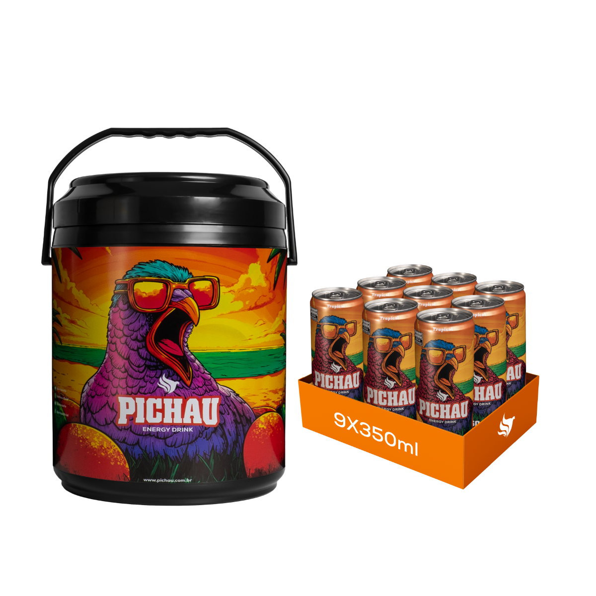 Kit Caixa Termica Pichau + Energético Pichau Tropical, Lata 350Ml, Com Açúcar, com 9 Unidades
