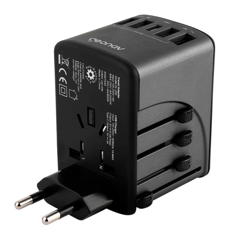 Carregador Universal Geonav, 4 USB, 1 USB, Preto, TLCH65BK