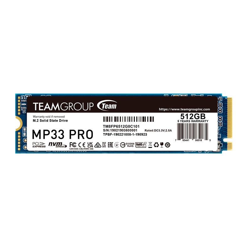 SSD Team Group MP33 Pro, 512GB, M.2 2280, PCIe NVMe, Leitura 3500MB/s, Gravacao 3000MB/s, TM8FPD512G0C101