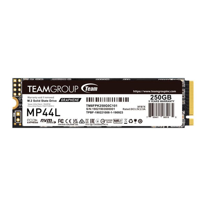 SSD Team Group MP44L, 250GB, M.2 2280, PCIe NVMe, Leitura 4650 MB/s, Gravacao 1900 MB/s, TM8FPK250G0C101