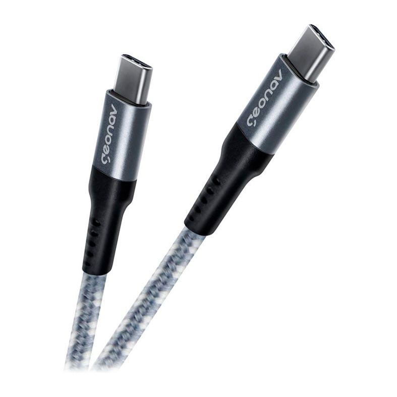 Cabo USB-C Geonav, 1,5M, USB-C Para USB-C, Nylon Trancada, Cinza e Branco, UCC04