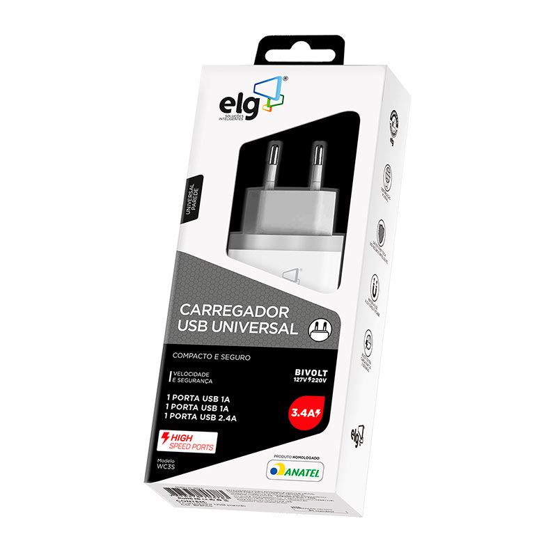 Carregador USB Universal ELG, 3 em 1, Bivolt, Branco, WC3S