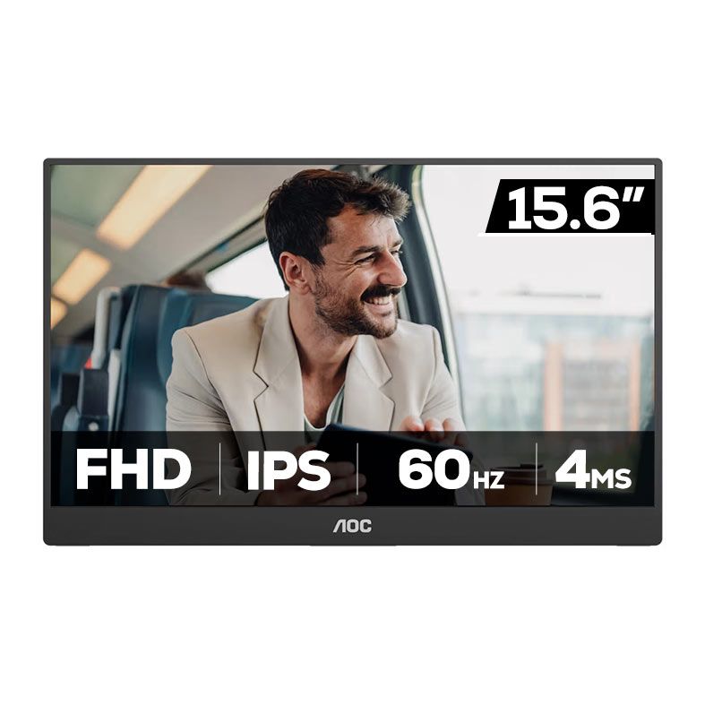 Monitor Portatil Profissional AOC 16T20E2, 15.6 Pol, IPS, FHD, 4ms, 60Hz, Mini HDMI/USB-C, 16T20E2