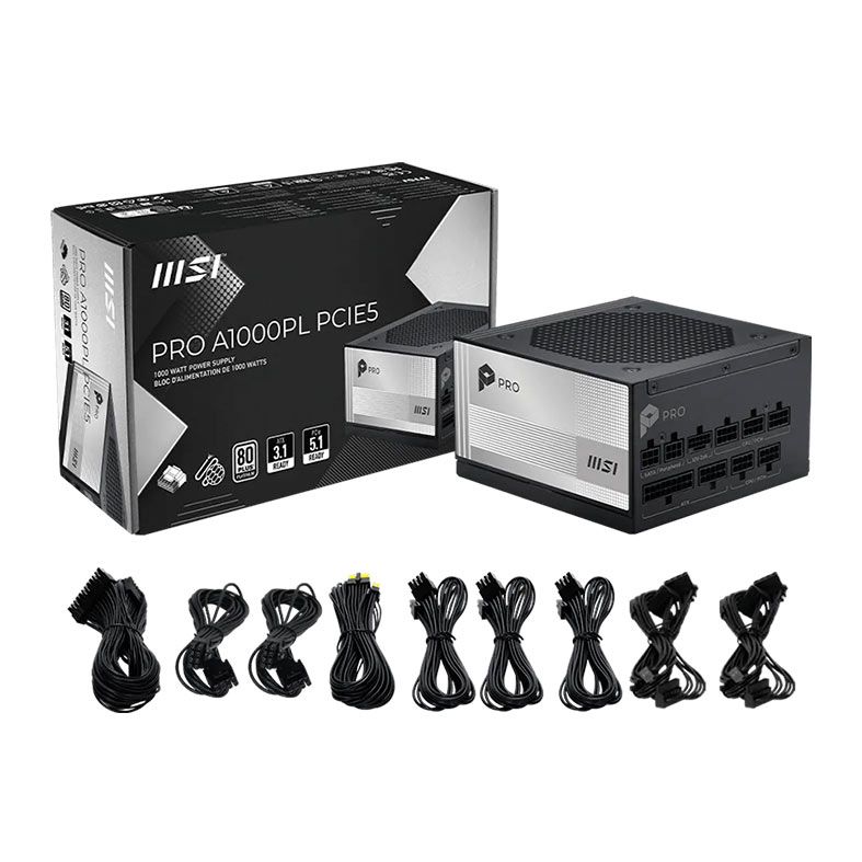 Fonte MSI Pro A1000PL, 1000W, Full Modular, ATX 3.1, PCIe 5.1, 80 Plus Platinum, Preto, 306-7ZPLX19-HD8