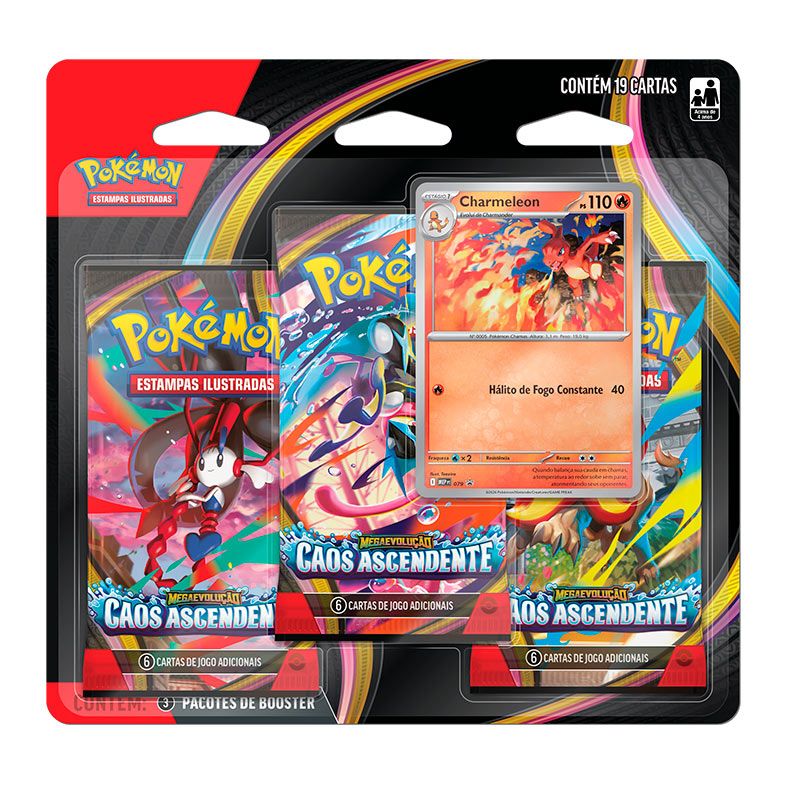 Pokémon TCG, Combo com 3 Pacotes de Booster De Megaevolução Caos Ascendente, 18 cartas + 1 carta promocional, 10-10401-107