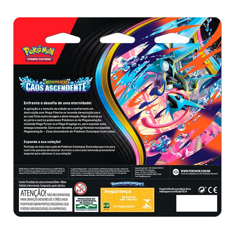Pokémon TCG, Combo com 3 Pacotes de Booster De Megaevolução Caos Ascendente, 18 cartas + 1 carta promocional, 10-10401-107