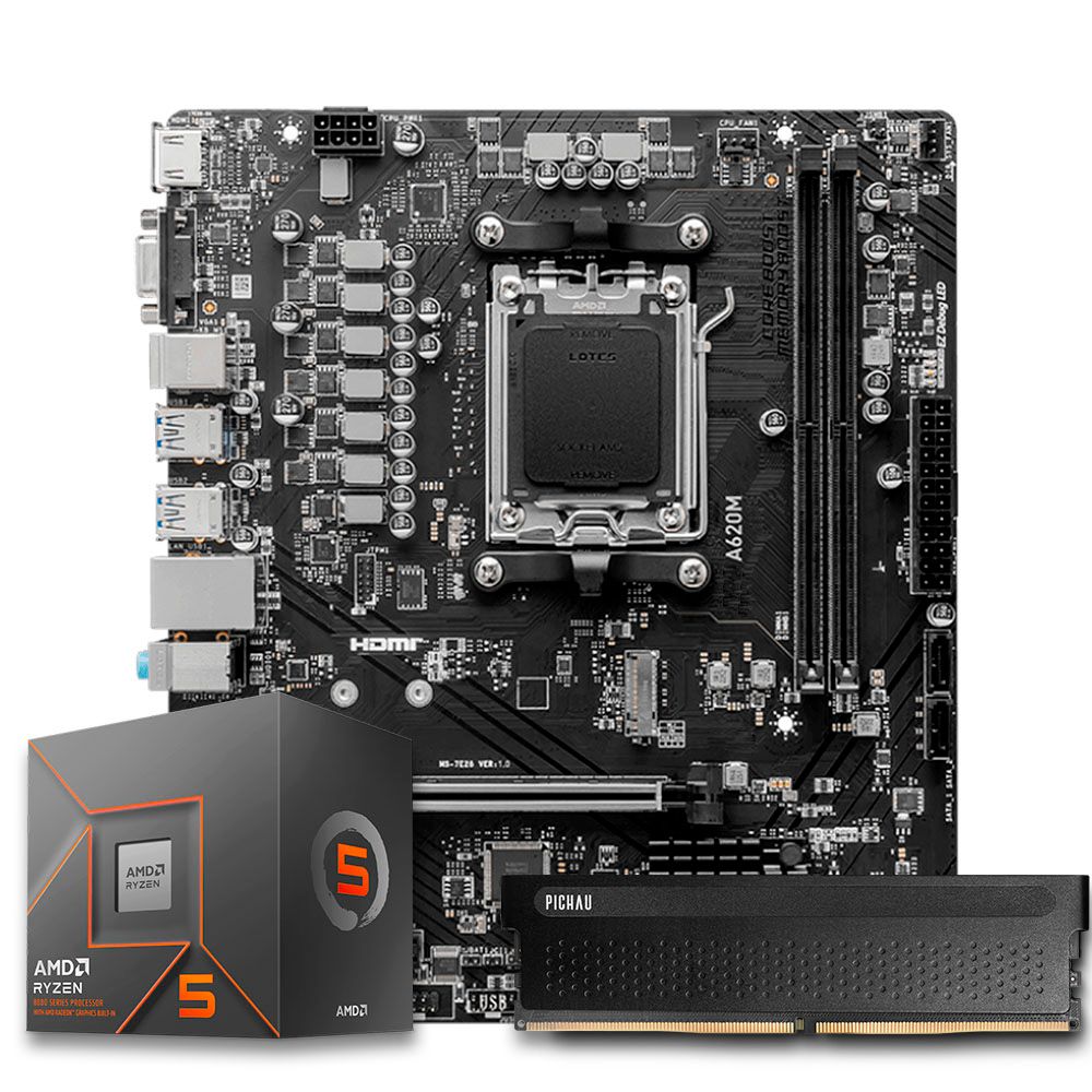 Pichau Kit upgrade, AMD Ryzen 5 7600X, A620M, 16GB DDR5, Cooler