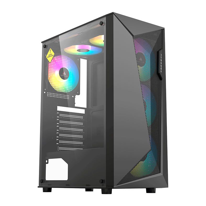 Gabinete Gamer Acegeek Atlas R338, Rainbow, Mid-Tower, Lateral de Vidro, Com 4 Fans, Preto, AG-ATLAS-R338-BK-I4F
