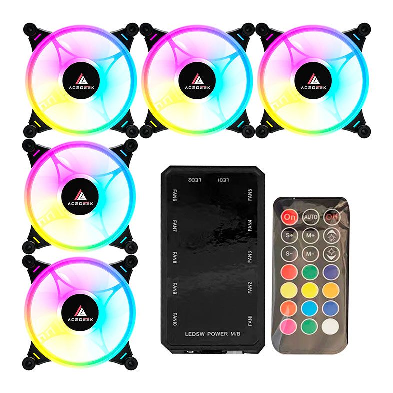 Kit Ventoinha Acegeek Crystal, 5x120mm, ARGB, Com Controladora, Preto, AG-CRYSTAL5X1-BK