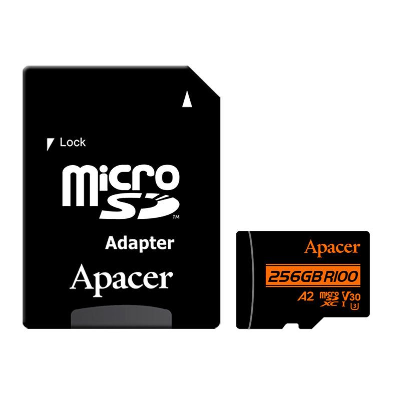 Cartao de Memoria Apacer, 256GB, MicroSDXC, UHS-I, U3, V30, A2, Com Adaptador, AP256GMCSX10U8-R
