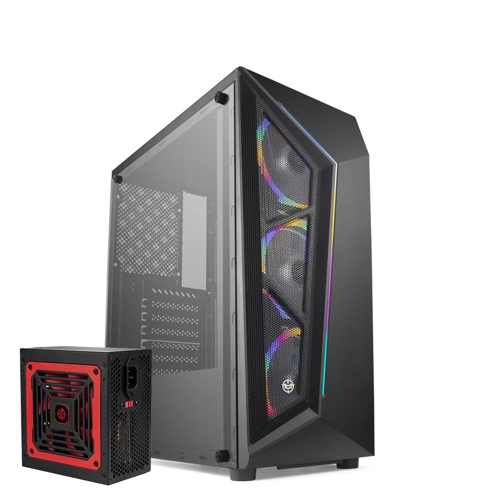 Gabinete Gamer TGT Carbon, Rainbow, Preto + Fonte TGT Tomahawk 500W Preto, TMWK500