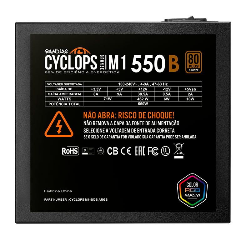 Fonte Gamdias Cyclops M1-550B, ARGB, 550W, 80 Plus Bronze, Preto, CYCLOPS-M1-550B-ARGB