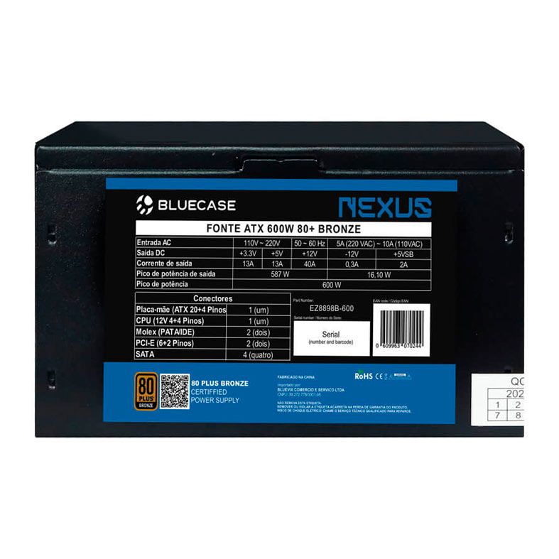 Fonte Bluecase Nexus, 600W, 80 Plus Bronze, Preta, EZ8898B-600