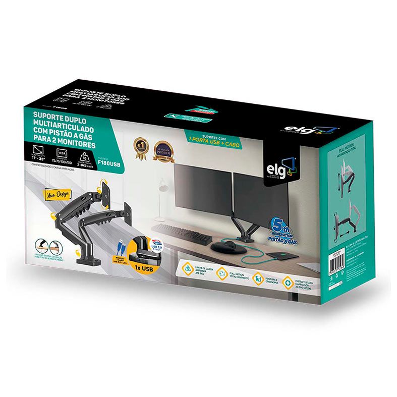 Suporte Duplo Multiarticulado Com Pistao a Gas Para 2 Monitores ELG, Com USB, 17 Pol. a 35 Pol., Preto, F180USB