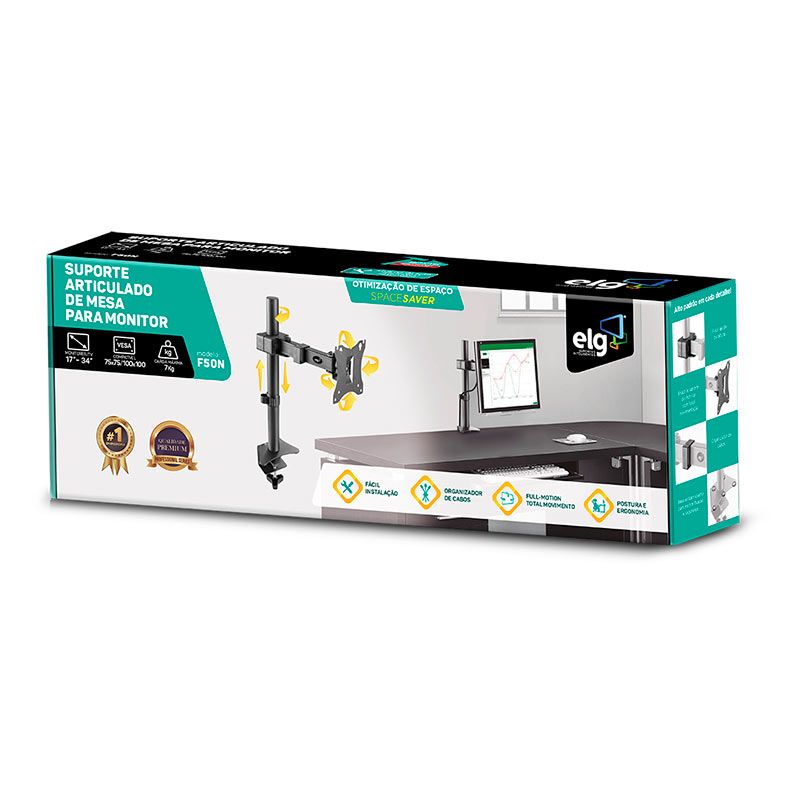 Suporte Articulado de Mesa Para Monitor ELG, 17 Pol. a 34 Pol., Preto, F50N