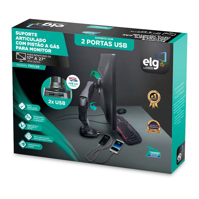 Suporte Articulado Com Pistao a Gas Para Monitor ELG, Com USB, 17 Pol. a 27 Pol., Preto, F90USB