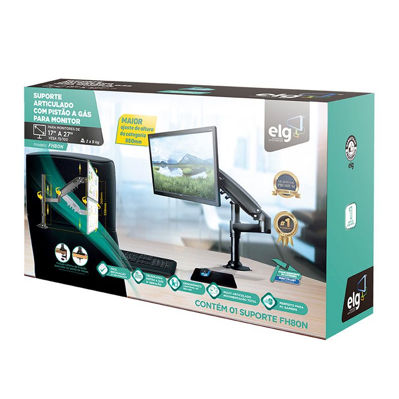 Suporte Articulado Com Pistao a Gas Para Monitor ELG, 22 Pol. a 35 Pol., Preto, FH80N