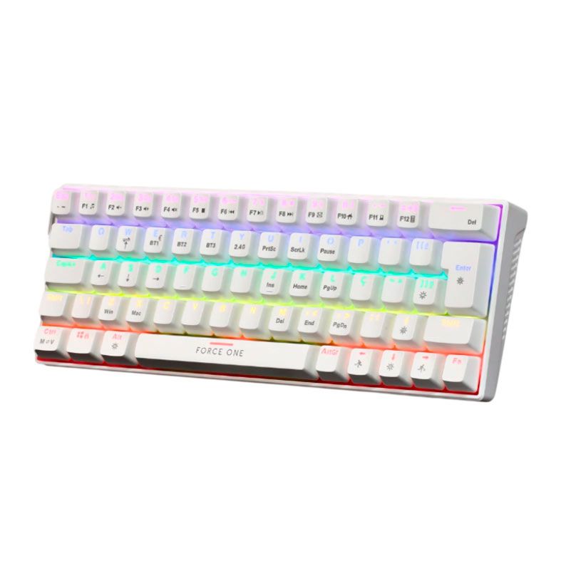 Teclado Mecanico Force One Atlas, 60%, RGB, Tri-Mode, Switch Blue, Branco, FR.TC.A6.02