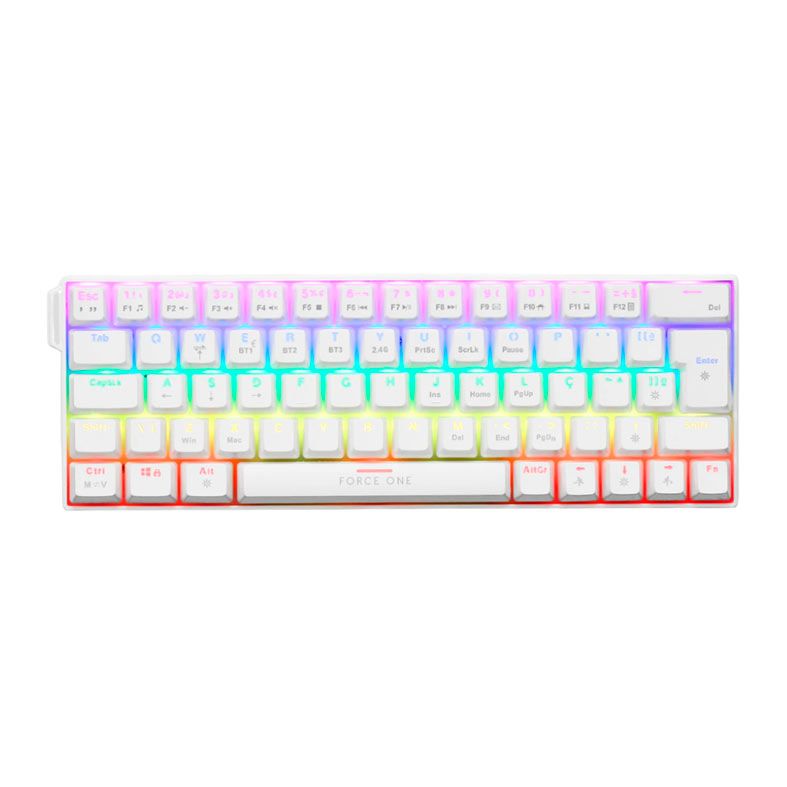 Teclado Mecanico Force One Atlas, 60%, RGB, Tri-Mode, Switch Blue, Branco, FR.TC.A6.02