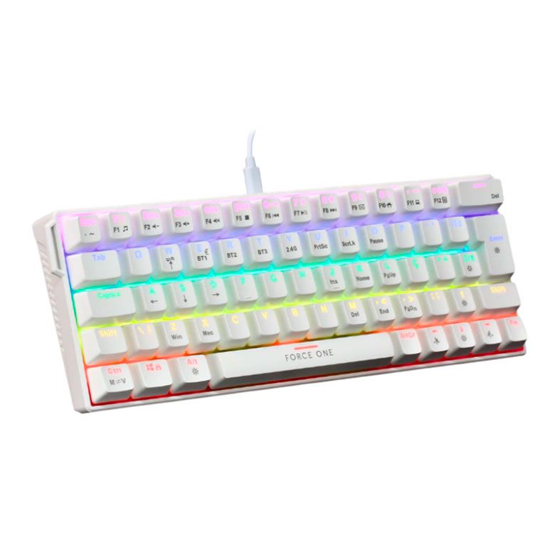Teclado Mecanico Force One Atlas, 60%, RGB, Tri-Mode, Switch Blue, Branco, FR.TC.A6.02