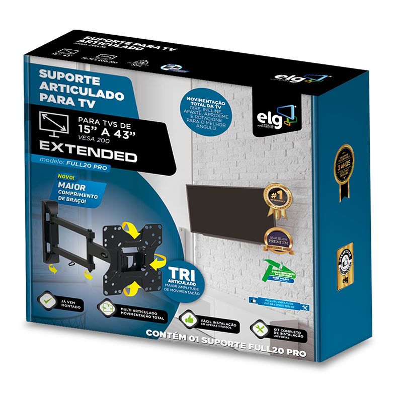 Suporte Articulado Para TV ELG, 15 Pol. a 43 Pol., Preto, FULL20 PRO