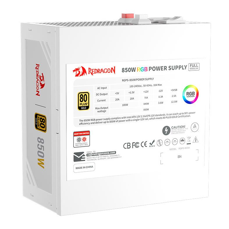 Fonte Redragon GC-PS007W-1 V2, RGB, 850W, Full-Modular, 80 Plus Gold, Brando, GC-PS007W-1-V2