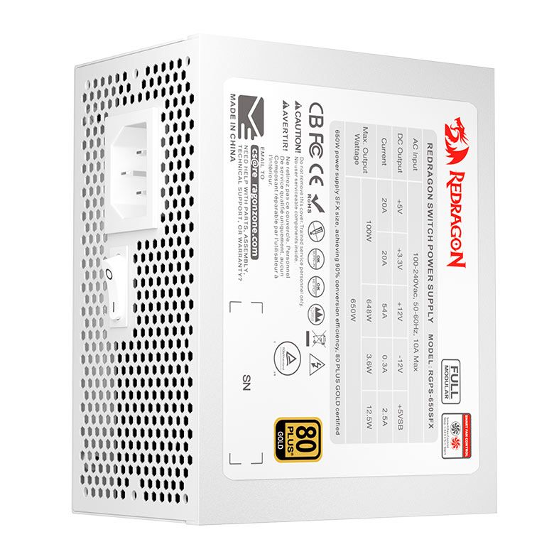 Fonte Redragon RGPS-650SFX, 650W, Full-Modular, 80 Plus Gold, Branco, GC-PS014-W