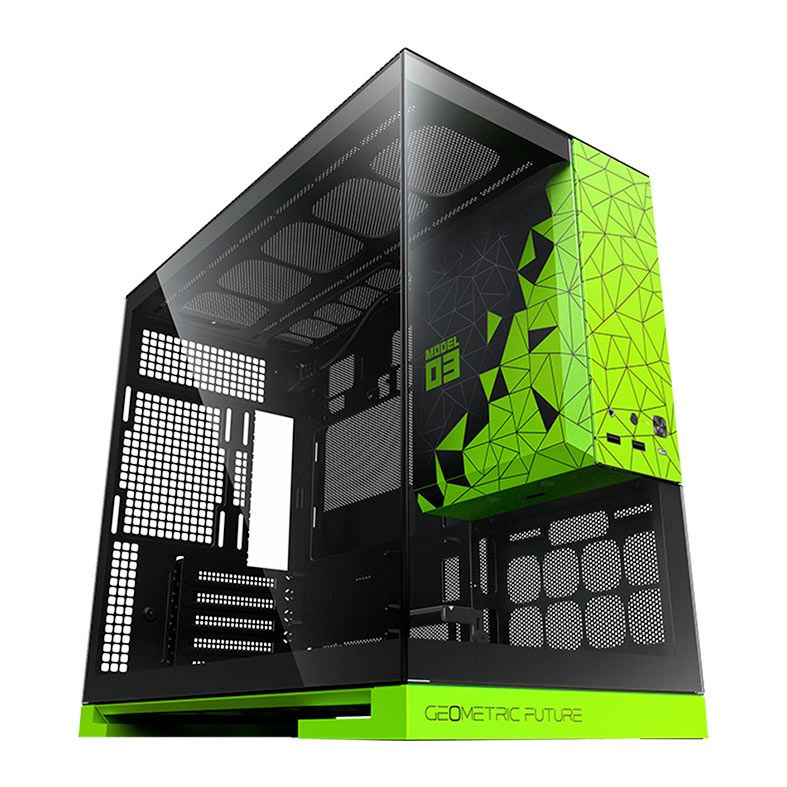 Gabinete Gamer Geometric Future Model 3, Mini-Tower, Lateral de Vidro, Preto e Verde, GEO-M3-BNV