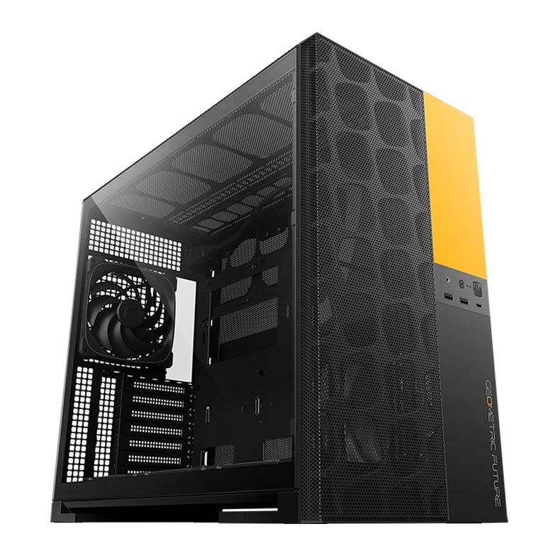 Gabinete Gamer Geometric Future Model 5 Vent, Mid-Tower, Lateral de Vidro, Com 5 Fans, Preto e Amarelo, GEO-M5VF-BY