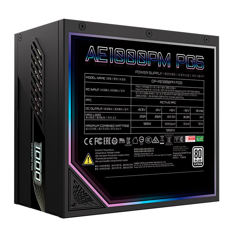 Fonte Gigabyte Aorus Elite P1000W, 1000W, ATX 3.0, PCIe 5.0, Full-Modular, 80 Plus Platinum, Preto, GP-AE1000PM-PG5