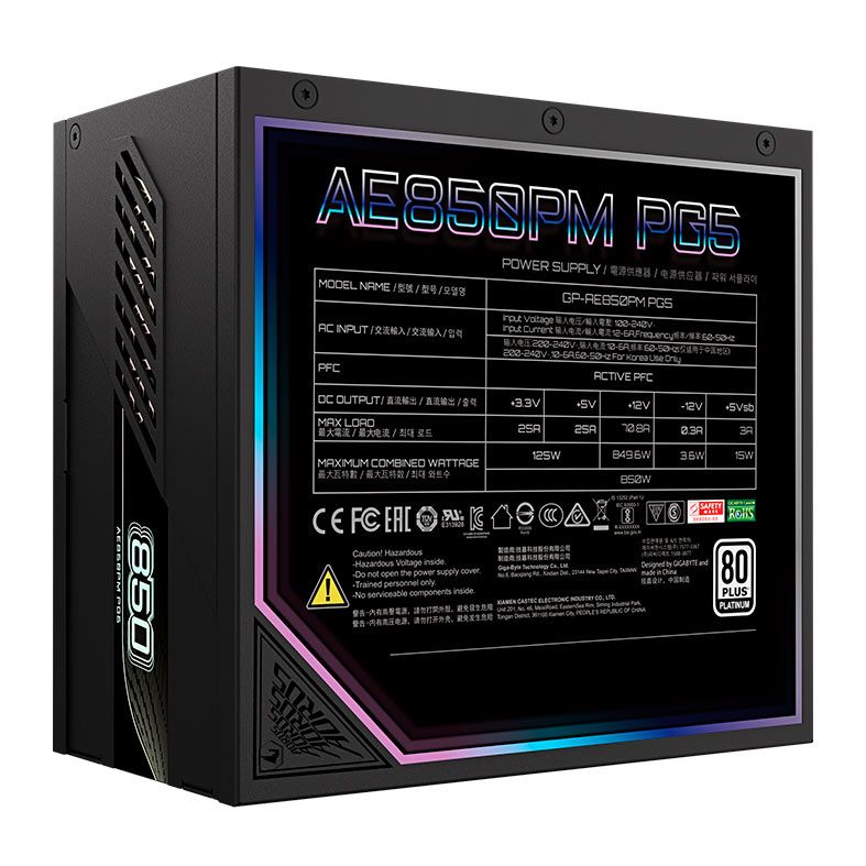Fonte Gigabyte Aorus Elite P850W, 850W, ATX 3.1, PCIe 5.0, Full-Modular, 80 Plus Platinum, Preto, GP-AE850PM-PG5