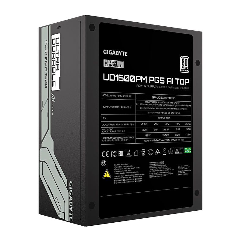 Fonte Gigabyte UD1600PM PG5 AI TOP, 1600W, ATX 3.1, PCIe 5.0, Full-Modular, 80 Plus Platinum, Preto, GP-UD1600PM-PG5