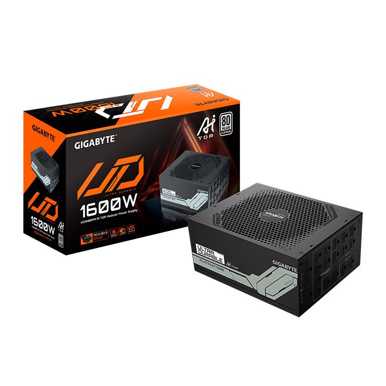 Fonte Gigabyte UD1600PM PG5 AI TOP, 1600W, ATX 3.1, PCIe 5.0, Full-Modular, 80 Plus Platinum, Preto, GP-UD1600PM-PG5