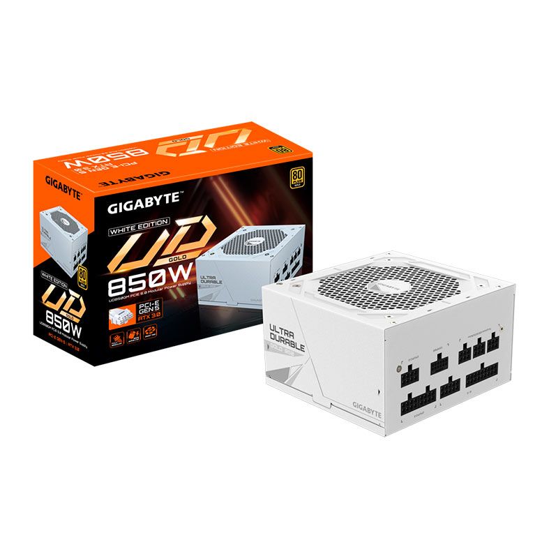 Fonte Gigabyte UD85GM PG5W, 850W, ATX 3.0, PCIe 5.0, Full-Modular, 80 Plus Gold, Branco, GP-UD850GM-PG5W