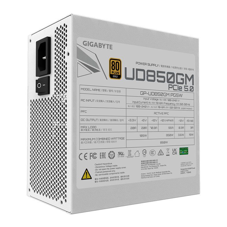Fonte Gigabyte UD85GM PG5W, 850W, ATX 3.0, PCIe 5.0, Full-Modular, 80 Plus Gold, Branco, GP-UD850GM-PG5W