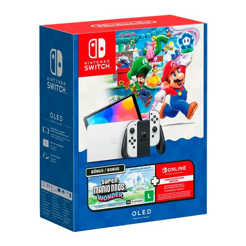 Console Nintendo Switch, Oled, 64GB, Com Jogo Super Mario Bros. Wonder, C/3 meses de assinatura Online, Branco, HBGSKAASD