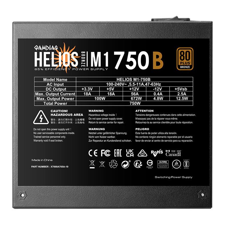 Fonte Gamdias Helios M1-750B, 750W, 80 Plus Bronze, Preto, HELIOS-M1-750B
