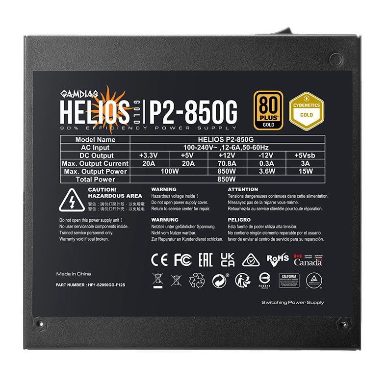 Fonte Gamdias Helios P2-850G, 850W, ATX 3.0, PCIe 5.0, 80 Plus Gold, Preto, HELIOS-P2-850G