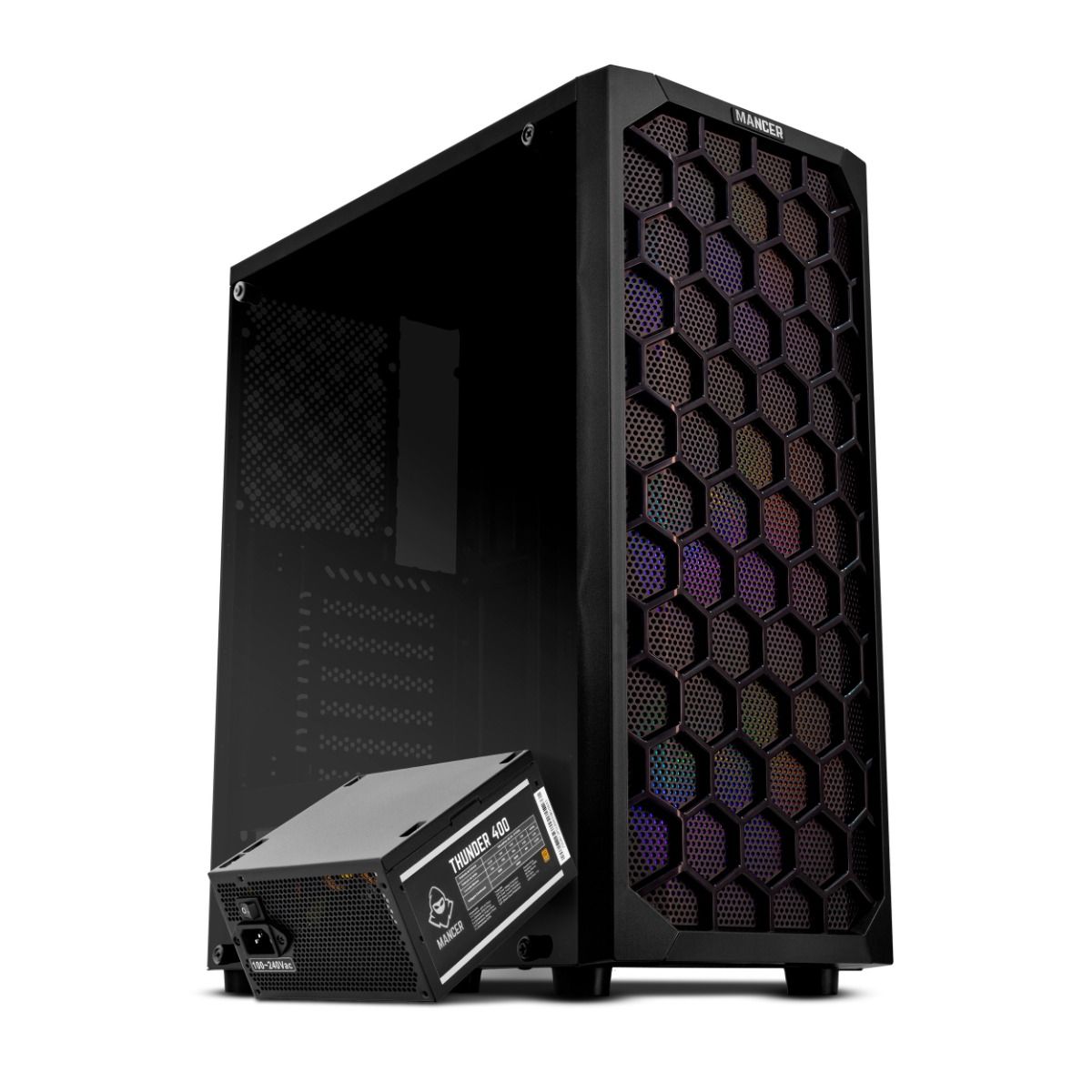 Gabinete Gamer Mancer Hexer, Rainbow, Preto + Fonte Mancer Thunder 400W