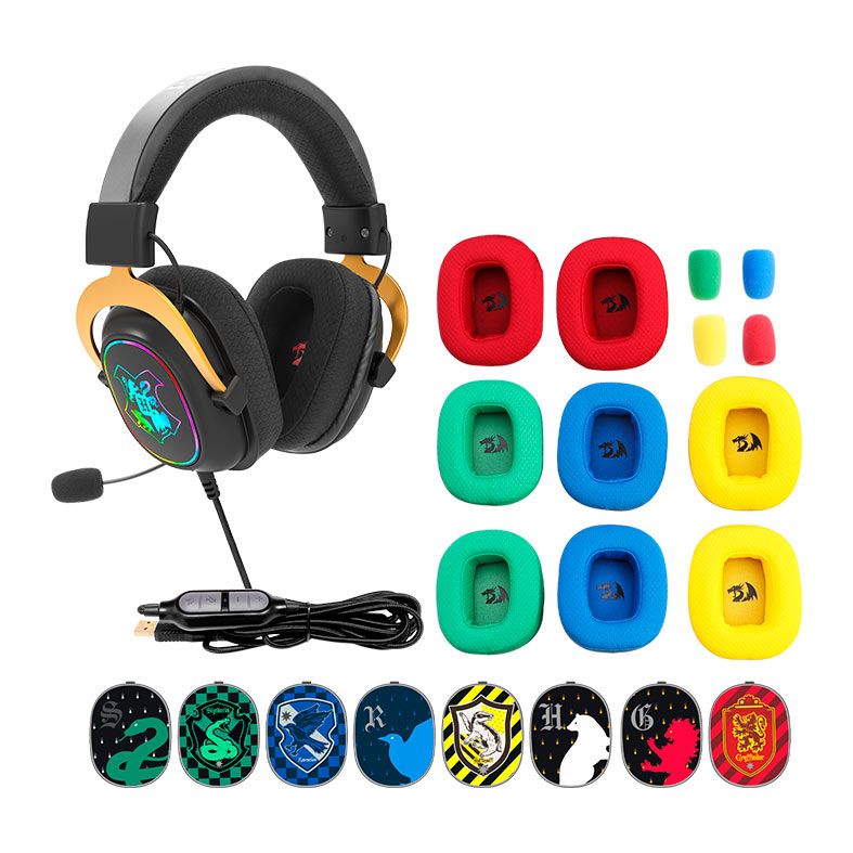 Headset Gamer Redragon Zeus Hogwarts, RGB, Drivers 53mm, Preto e Dourado, HP-510-RGB