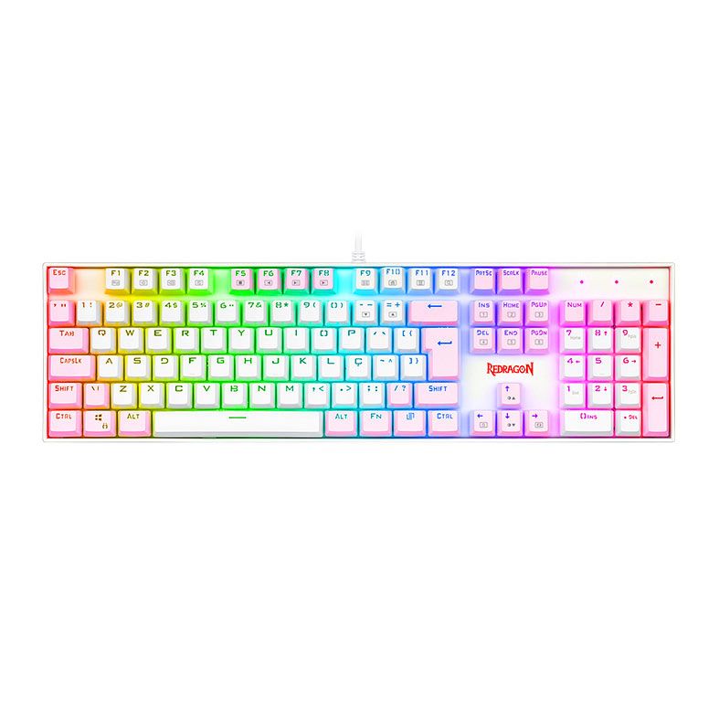 Teclado Mecanico Gamer Redragon Mitra, RGB, ABNT2, Switch Brown, Branco e Rosa, K551WP-RGB-PT-BROWN