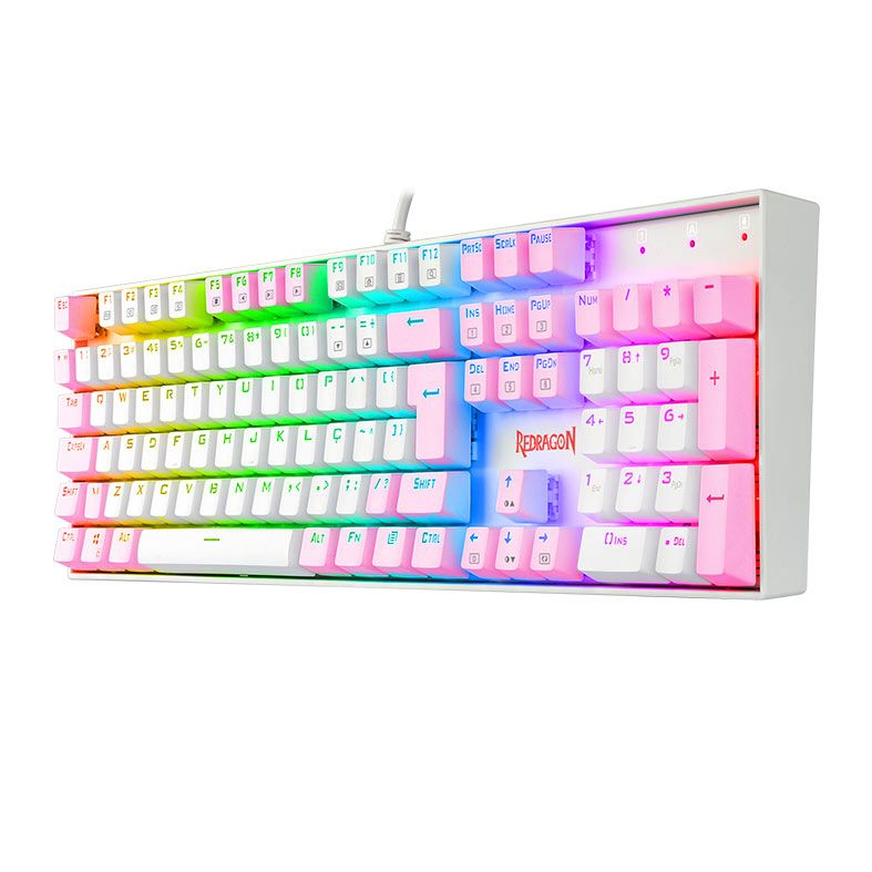 Teclado Mecanico Gamer Redragon Mitra, RGB, ABNT2, Switch Brown, Branco e Rosa, K551WP-RGB-PT-BROWN