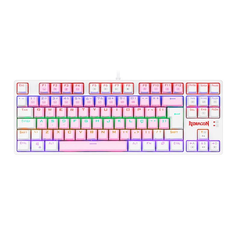 Teclado Mecanico Gamer Redragon Daksa, Rainbow, ABNT2, Switch Marrom, Rosa e Branco, K576PW-R-PT-BROWN