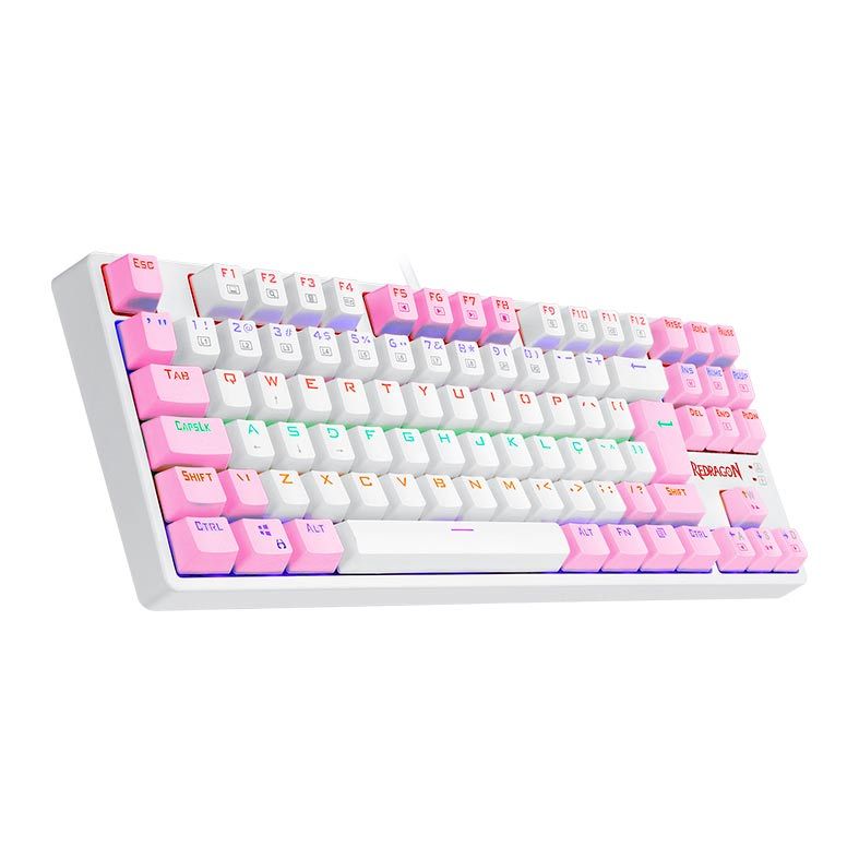 Teclado Mecanico Gamer Redragon Daksa, Rainbow, ABNT2, Switch Marrom, Branco e Rosa, K576WP-R-PT-BROWN