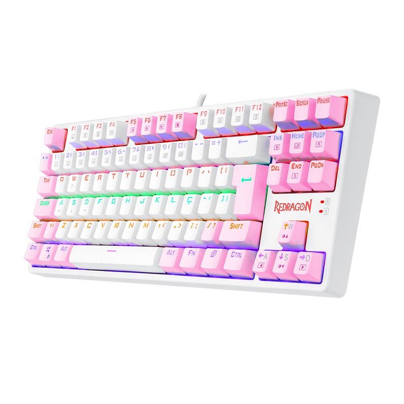 Teclado Mecanico Gamer Redragon Daksa, Rainbow, ABNT2, Switch Marrom, Branco e Rosa, K576WP-R-PT-BROWN