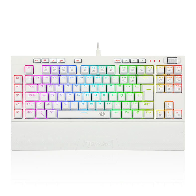 Teclado Mecanico Gamer Redragon Broadsword Pro, RGB, ABNT, Switch Marrom, Branco, K588W-RGB-PRO-PT-BROWN
