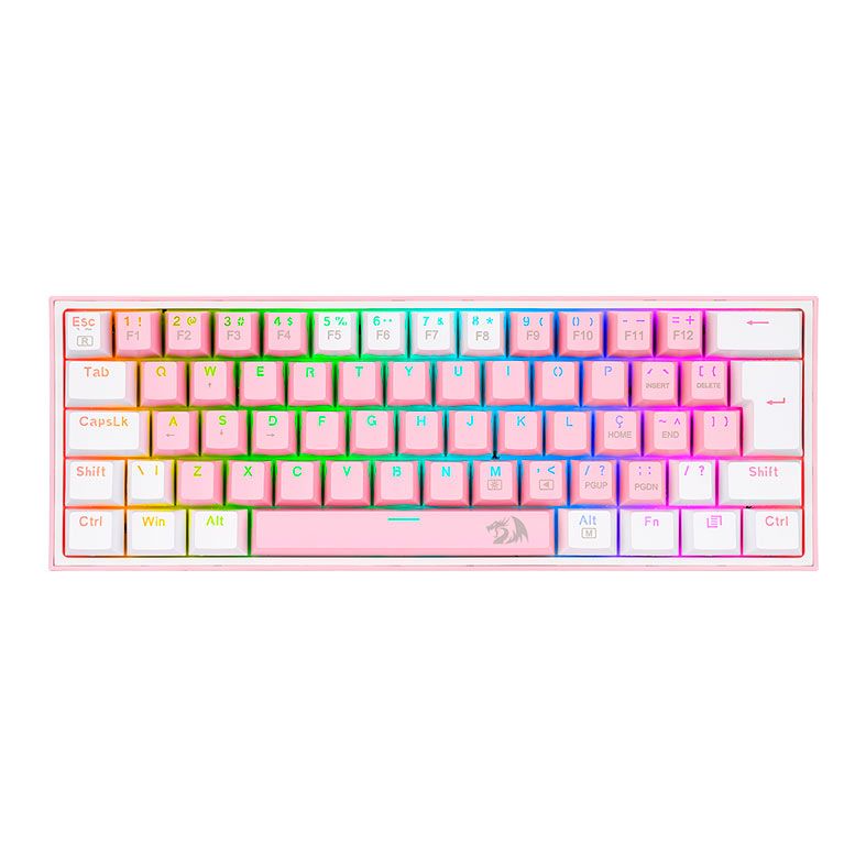 Teclado Mecanico Gamer Redragon Fizz, RGB, Compacto, Switch Blue, Branco e Rosa, K617-RGB-PW